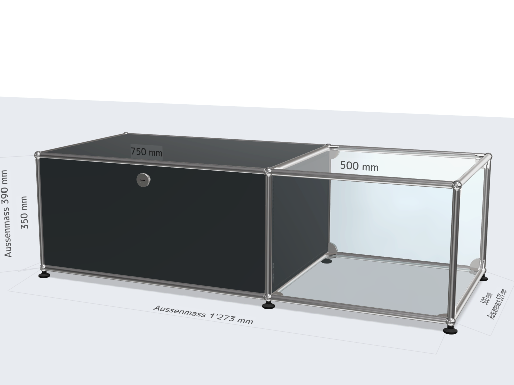 USM Haller Sideboard, 1 Schubkaten m. Klappe und Glasanbau, 127x51x40cm, Grau