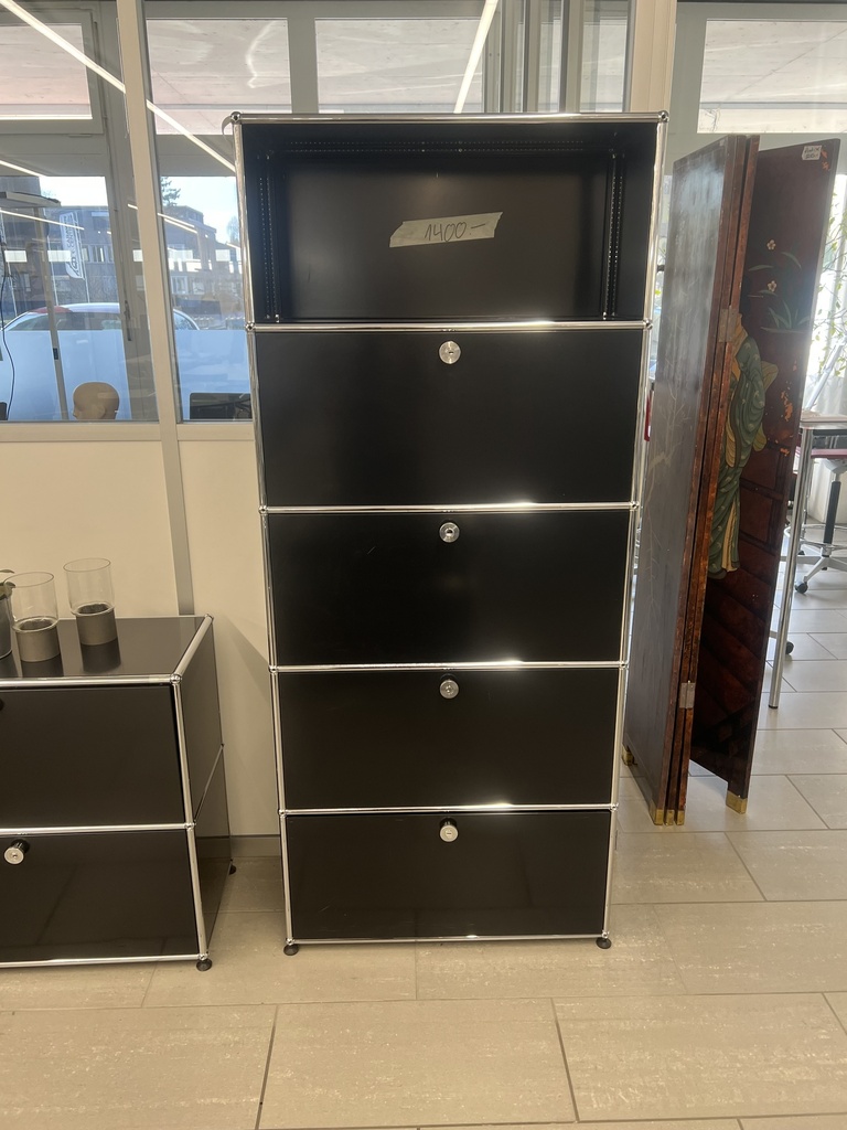 USM Haller Regal 3 Klappen/ 1 Schublade m. Inhalt/ 1 Offen, Schwarz 75x35x180cm Top-Occasion USM Haller Regal